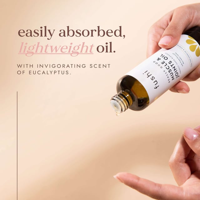 Fushi Really Good Muscle & Joints Oil - 100ml for Pain Relief and Relaxation Experience the soothing power of Fushi Really Good Muscle & Joints Oil. Specially formulated to alleviate sore muscles and joints, this 100ml oil promotes enhanced circulation and comfort. Infused with potent ingredients like Boswellia, known as Indian Frankincense, and Ashwagandha, it targets soreness and supports joint health. The calming properties of Liquorice, Tulsi, and Valerian further ease stiffness and tension. Ideal for post-sport recovery, use as a massage oil or in a relaxing bath with Epsom salts. Embrace your wellness with this Ayurvedic blend.