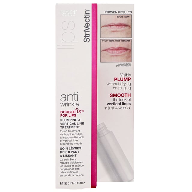 Transform your lips with StriVectin's Anti-Wrinkle Double Fix for Lips, a revolutionary 2-in-1 treatment designed to enhance lip volume and reduce vertical lines. The innovative Plumping Treatment delivers a luscious, non-drying formula that restores smoothness and adds a glossy finish. Meanwhile, the Vertical Line Treatment improves elasticity and diminishes fine lines in just 4 weeks. Suitable for mature skin, this product is perfect for women seeking healthy, youthful lips. Apply twice daily for optimal results and enjoy the confidence of beautifully plump lips.