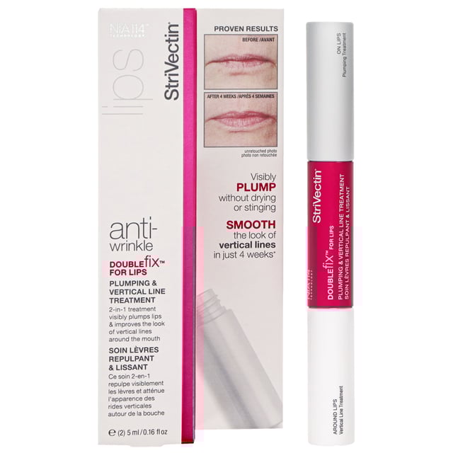 Transform your lips with StriVectin's Anti-Wrinkle Double Fix for Lips, a revolutionary 2-in-1 treatment designed to enhance lip volume and reduce vertical lines. The innovative Plumping Treatment delivers a luscious, non-drying formula that restores smoothness and adds a glossy finish. Meanwhile, the Vertical Line Treatment improves elasticity and diminishes fine lines in just 4 weeks. Suitable for mature skin, this product is perfect for women seeking healthy, youthful lips. Apply twice daily for optimal results and enjoy the confidence of beautifully plump lips.