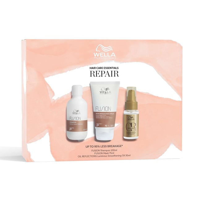 Transform your hair care routine with the Wella Professionals Fusion Travel Set, designed for silk-like softness and shine. This kit includes Wella Fusion Shampoo (100ml), Wella Fusion Mask (75ml), and Wella Oil Reflections Luminous Smoothing Oil (30ml). Each product minimizes breakage and repairs hair: the shampoo hydrates with Silksteel Fusion Technology, the mask deep-conditions with silk amino acids, and the oil infuses moisture while taming frizz. Perfect for achieving healthy, radiant hair on the go.