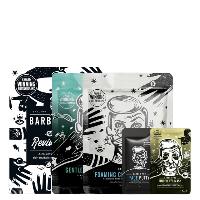Revitalize your skin with the BARBER PRO Skin Revival Kit, specially designed for men. This charcoal-powered set deeply cleanses pores, removing toxins and fighting blackheads and breakouts. It includes a hydrating Gentlemen’s Sheet Mask, a soothing Under Eye Mask for tired eyes, a Foaming Cleansing Mask that bubbles to detoxify, and a Face Putty Peel Off Mask that unclogs pores. Experience refreshed, energized skin in just a few simple steps. Ideal for a rejuvenating skincare routine.