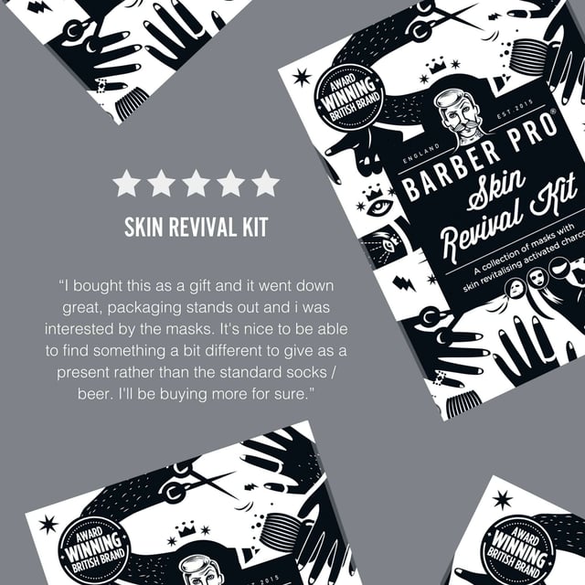 Revitalize your skin with the BARBER PRO Skin Revival Kit, specially designed for men. This charcoal-powered set deeply cleanses pores, removing toxins and fighting blackheads and breakouts. It includes a hydrating Gentlemen’s Sheet Mask, a soothing Under Eye Mask for tired eyes, a Foaming Cleansing Mask that bubbles to detoxify, and a Face Putty Peel Off Mask that unclogs pores. Experience refreshed, energized skin in just a few simple steps. Ideal for a rejuvenating skincare routine.