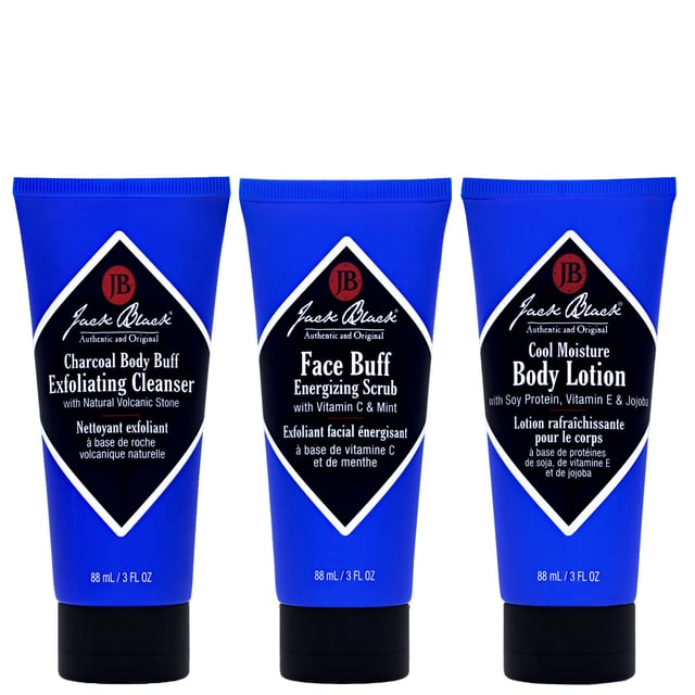Discover the ultimate grooming experience with the Jack Black Men's Grooming Cool Team Set. This set includes three essential products: the Face Buff Energizing Scrub (88ml) for a closer shave, the Charcoal Body Buff Exfoliating Cleanser (88ml) to refresh the skin, and the Cool Moisture Body Lotion (88ml) to hydrate and calm overheated skin. Perfect for daily use, this set is designed to keep your skin looking and feeling its best.