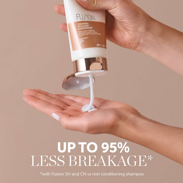 Transform your hair with Wella Professionals Fusion Intense Repair Conditioner. This 200ml treatment is formulated with Silk Steel Fusion Technology to repair damaged hair fibers at macro and micro levels. Enriched with Silk Amino Acids and Micronized Lipids, it protects against breakage, providing a smooth finish. The Metal Purifier safeguards your hair from harmful metals in water. For best results, apply to damp, clean hair, leave for 30 seconds, and rinse thoroughly. Pair with Fusion Intense Repair shampoo and hair mask for optimal care.