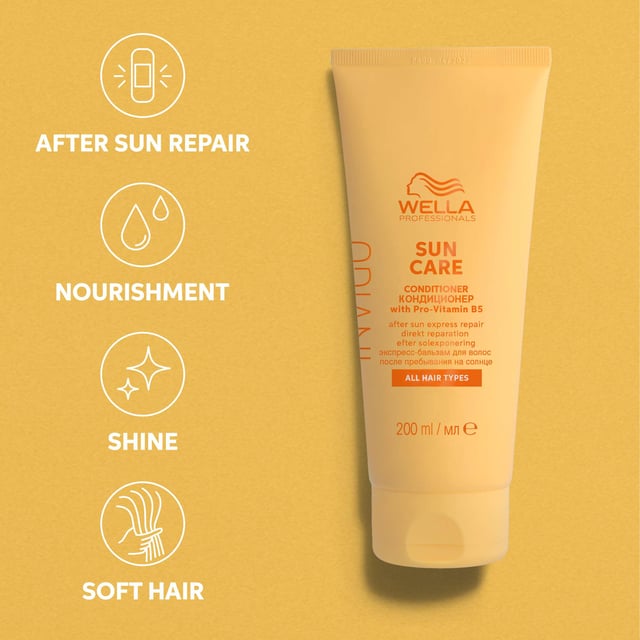 Revitalize your hair with Wella Invigo Sun Care After Sun Express Conditioner. Infused with Pro-Vitamin B5 and Apricot Oil, this 200ml conditioner provides deep repair and nourishment, leaving your hair soft, shiny, and healthy-looking. Its refreshing fruity, floral scent makes it the perfect companion for summer days. Ideal for use before, during, and after sun exposure, this formula is gentle on all hair types and free from animal-derived ingredients. Simply apply to clean, damp hair, distribute evenly, and rinse thoroughly for best results.