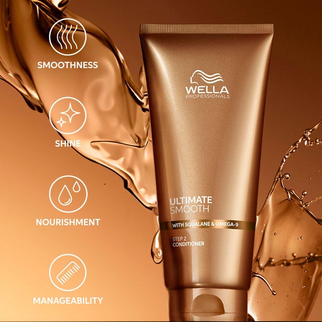 Transform your hair with Wella Ultimate Smooth Conditioner, a luxurious formula enriched with Squalane and Omega-9. This conditioner deeply nourishes from within while enhancing shine on the surface, making it perfect for daily use and safe for colored hair. Its creamy texture glides smoothly through your locks, leaving them feeling soft and manageable. To achieve optimal results, apply to clean, damp hair focusing on lengths and ends. Allow it to work its magic for 30 seconds to 3 minutes before rinsing thoroughly. Experience the ultimate in hair care with Wella.