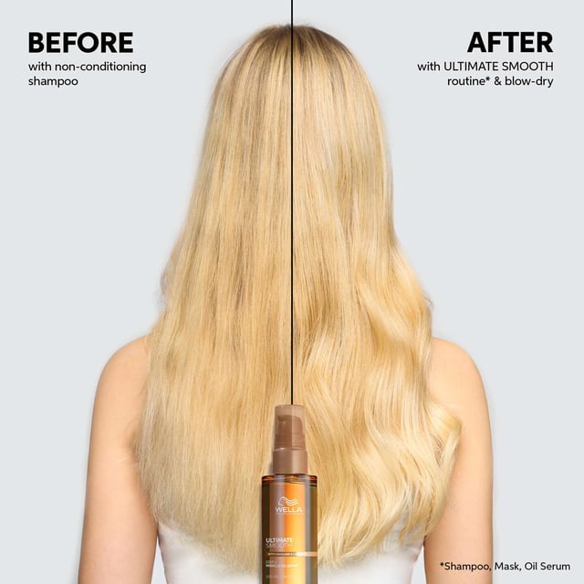 Transform your hair with Wella Ultimate Smooth Conditioner, a luxurious formula enriched with Squalane and Omega-9. This conditioner deeply nourishes from within while enhancing shine on the surface, making it perfect for daily use and safe for colored hair. Its creamy texture glides smoothly through your locks, leaving them feeling soft and manageable. To achieve optimal results, apply to clean, damp hair focusing on lengths and ends. Allow it to work its magic for 30 seconds to 3 minutes before rinsing thoroughly. Experience the ultimate in hair care with Wella.