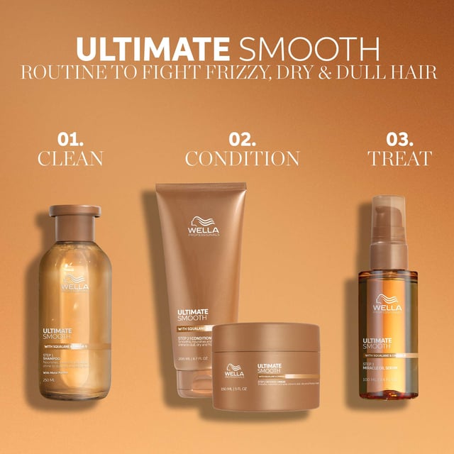 Transform your hair with Wella Ultimate Smooth Conditioner, a luxurious formula enriched with Squalane and Omega-9. This conditioner deeply nourishes from within while enhancing shine on the surface, making it perfect for daily use and safe for colored hair. Its creamy texture glides smoothly through your locks, leaving them feeling soft and manageable. To achieve optimal results, apply to clean, damp hair focusing on lengths and ends. Allow it to work its magic for 30 seconds to 3 minutes before rinsing thoroughly. Experience the ultimate in hair care with Wella.