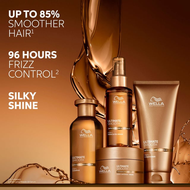 Transform your hair with Wella Ultimate Smooth Conditioner, a luxurious formula enriched with Squalane and Omega-9. This conditioner deeply nourishes from within while enhancing shine on the surface, making it perfect for daily use and safe for colored hair. Its creamy texture glides smoothly through your locks, leaving them feeling soft and manageable. To achieve optimal results, apply to clean, damp hair focusing on lengths and ends. Allow it to work its magic for 30 seconds to 3 minutes before rinsing thoroughly. Experience the ultimate in hair care with Wella.