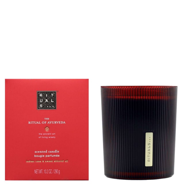 Rituals Ayurveda Scented Candle - 290g Aromatherapy Candle for Relaxation Experience the essence of balance with the Rituals Ayurveda Scented Candle. Infused with a soothing blend of Indian rose, sweet almond oil, and spices, this revitalizing candle transforms your space into a serene sanctuary. Enjoy up to 50 hours of enchanting fragrance, promoting harmony for your body, mind, and soul. Perfect for vegans, this candle is a delightful addition to your home or a thoughtful gift. Remember to never leave burning candles unattended and keep them out of reach of children and pets.