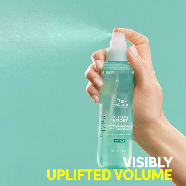 Revitalize your hair with the Wella Professionals Invigo Volume Boost Uplifting Care Spray. This 150ml spray is designed to transform flat, lifeless hair into a voluminous masterpiece. Enriched with cotton extract and innovative spring force polymers, this lightweight formula provides effortless body and fullness. The unique Volume Boost-Blend™ ensures your locks look visibly uplifted and radiant. Ideal for daily use, simply spray onto damp hair after washing and blow-dry to achieve salon-quality volume and shine. Perfect for women seeking a boost in their hair's vitality.