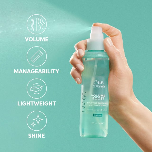 Revitalize your hair with the Wella Professionals Invigo Volume Boost Uplifting Care Spray. This 150ml spray is designed to transform flat, lifeless hair into a voluminous masterpiece. Enriched with cotton extract and innovative spring force polymers, this lightweight formula provides effortless body and fullness. The unique Volume Boost-Blend™ ensures your locks look visibly uplifted and radiant. Ideal for daily use, simply spray onto damp hair after washing and blow-dry to achieve salon-quality volume and shine. Perfect for women seeking a boost in their hair's vitality.