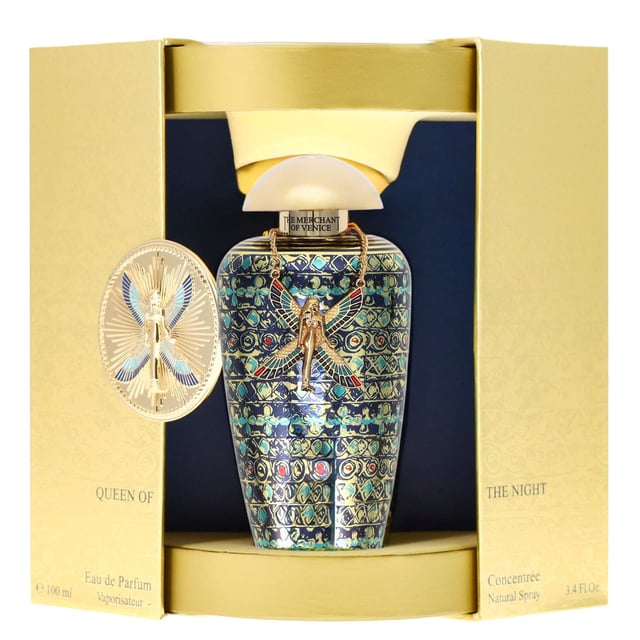 Experience the allure of Ancient Egypt with The Merchant of Venice Queen of The Night Eau de Parfum Spray. This exquisite fragrance combines fiery Saffron with the delicate floral notes of Blue Lotus, creating a captivating introduction. The warmth of Cinnamon adds a spicy touch, while Amber, Kyphi, and Incense evoke the enchanting scents of sacred temples. The seductive base of Myrrh, Sandalwood, and Tonka Bean leaves a lasting impression. Perfect for those who want to embrace the exotic and embark on a sensory journey through time, this 100ml perfume is a true masterpiece.