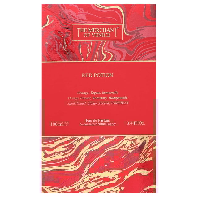 Experience the enchanting allure of The Merchant of Venice Red Potion Eau de Parfum Spray. This exquisite fragrance takes you on a captivating journey from North Africa to the romantic canals of Venice. It opens with vibrant notes of Bergamot and sweet Orange, blended with the essence of Immortelle. As it develops, refreshing Rosemary and floral notes of Honeysuckle and Orange Blossom transport you to lush gardens. The scent deepens with a warm base of Sandalwood and Tonka Bean, enriched by a mysterious Lichen Accord.