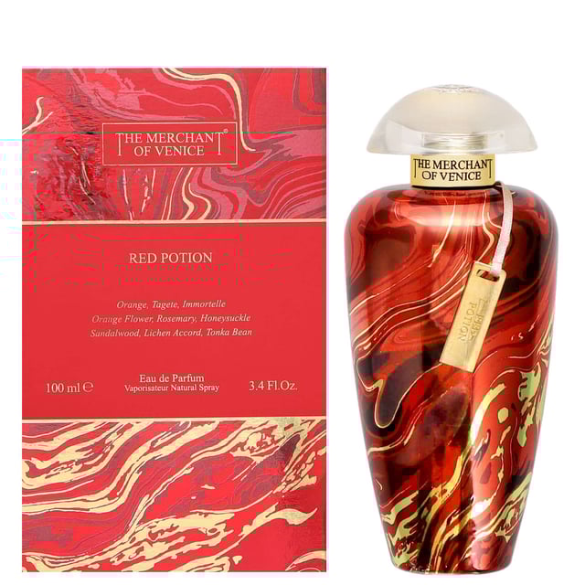 Experience the enchanting allure of The Merchant of Venice Red Potion Eau de Parfum Spray. This exquisite fragrance takes you on a captivating journey from North Africa to the romantic canals of Venice. It opens with vibrant notes of Bergamot and sweet Orange, blended with the essence of Immortelle. As it develops, refreshing Rosemary and floral notes of Honeysuckle and Orange Blossom transport you to lush gardens. The scent deepens with a warm base of Sandalwood and Tonka Bean, enriched by a mysterious Lichen Accord.