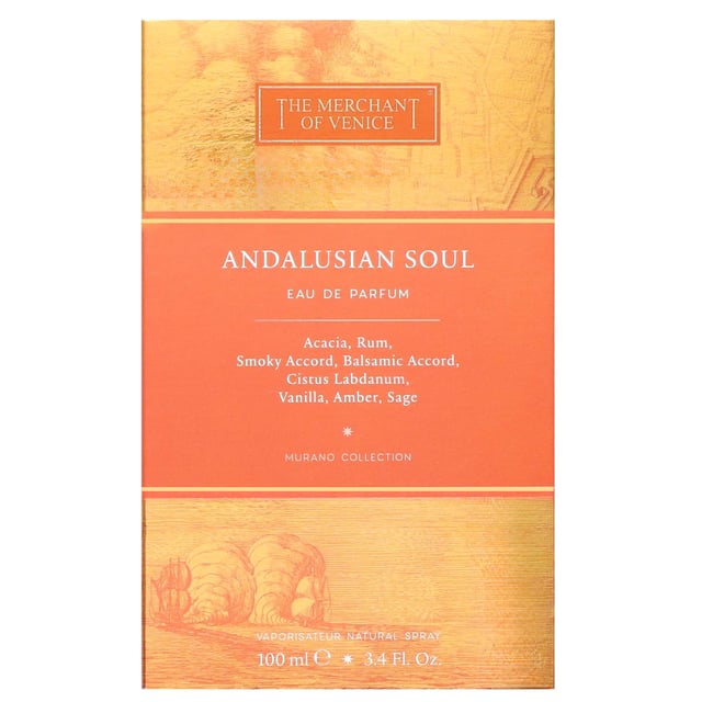 Experience the essence of Andalusia with The Merchant of Venice Andalusian Soul Eau de Parfum. This vibrant fragrance draws inspiration from ancient spice routes linking Venice to Morocco and Southern Spain. A captivating blend of fresh acacia, amber, vanilla, and smoky accords creates an olfactory masterpiece. The scent opens with refreshing acacia, leading into a heart of balsamic notes, and finishes with inviting amber, sage, and vanilla. Encased in a beautifully designed bottle, this fragrance invites you on a sensory journey through a land rich in culture.