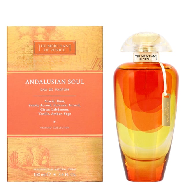 Experience the essence of Andalusia with The Merchant of Venice Andalusian Soul Eau de Parfum. This vibrant fragrance draws inspiration from ancient spice routes linking Venice to Morocco and Southern Spain. A captivating blend of fresh acacia, amber, vanilla, and smoky accords creates an olfactory masterpiece. The scent opens with refreshing acacia, leading into a heart of balsamic notes, and finishes with inviting amber, sage, and vanilla. Encased in a beautifully designed bottle, this fragrance invites you on a sensory journey through a land rich in culture.