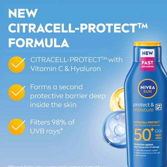 Nivea Sun Care Protect & Moisture Lotion SPF50+ - 400ml Family Size Experience ultimate sun protection with Nivea Sun Care Protect & Moisture Lotion SPF50+ in a generous 400ml bottle, ideal for families. This innovative formula features Citracell-Protect™ with Vitamin C and Hyaluronic Acid, providing immediate protection and forming a barrier against UV damage while reducing oxidative stress on skin cells. Enjoy hydration for up to 48 hours, leaving your skin feeling soft and healthy. The lightweight, fast-absorbing lotion is water-resistant and free from harmful UV filters, making it ocean-friendly. Protect your skin and the environment with Nivea.