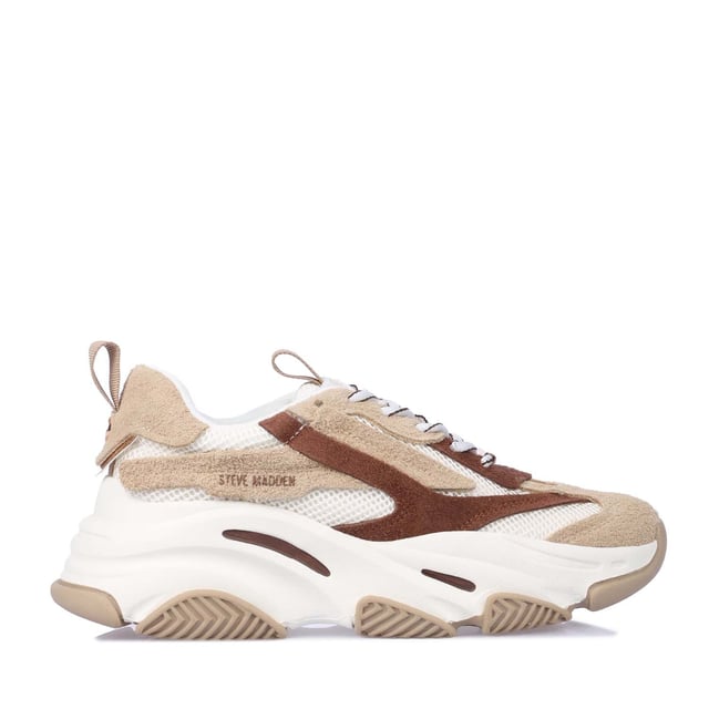 Steve Madden launch an exclusive colourway of the Possession trainers to schuh! These chunky trainers boast a beige  white and warm brown colourway and feature panelled leather and fabric uppers for a layered look.
