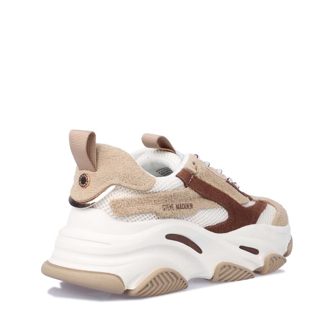 Steve Madden launch an exclusive colourway of the Possession trainers to schuh! These chunky trainers boast a beige  white and warm brown colourway and feature panelled leather and fabric uppers for a layered look.