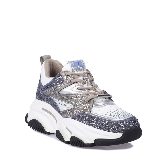 Fabric upper.Lace up fastening.Monochrome look and extra chunky sole.Silver diamantes.Rubber sole.