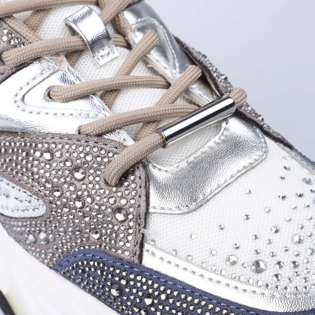 Fabric upper.Lace up fastening.Monochrome look and extra chunky sole.Silver diamantes.Rubber sole.