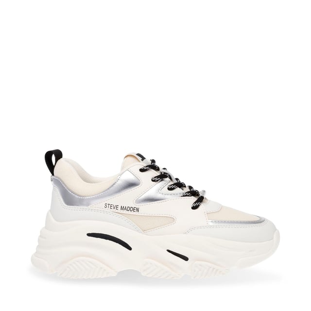 Reinforced mesh upper.Lace up fastening.Extra-chunky treaded platform sole with a subtle metallic design.