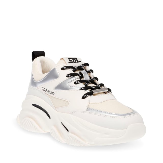 Reinforced mesh upper.Lace up fastening.Extra-chunky treaded platform sole with a subtle metallic design.
