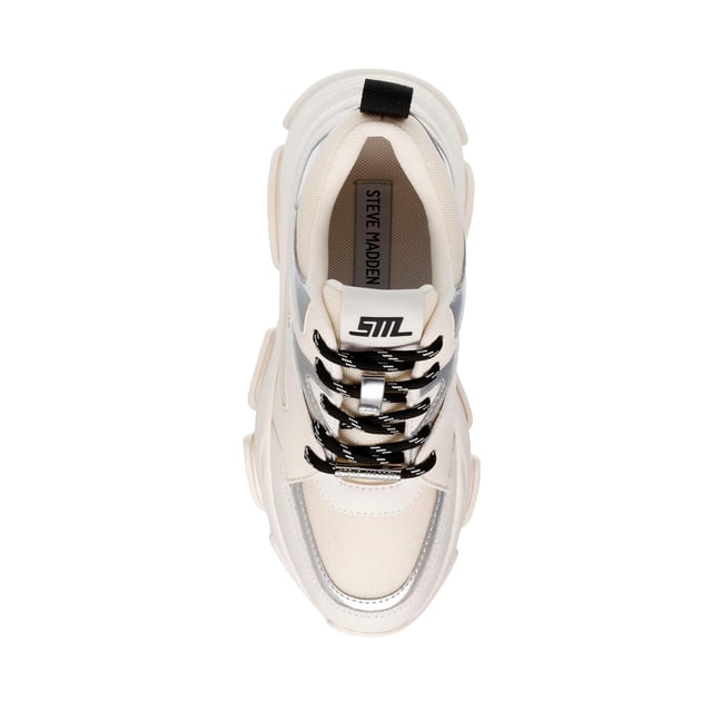 Reinforced mesh upper.Lace up fastening.Extra-chunky treaded platform sole with a subtle metallic design.