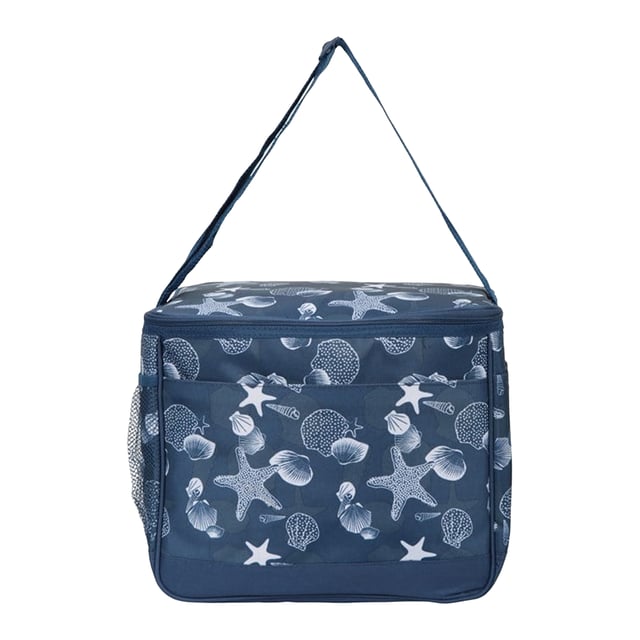 100% Polyester. Pockets: 2 Side Pockets, Mesh Pocket. Compartments: 1 Main Compartment. Design: Seashell, Starfish. Adjustable Strap. Capacity: 25L.