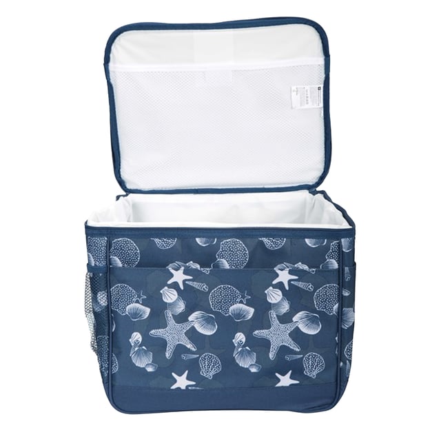 100% Polyester. Pockets: 2 Side Pockets, Mesh Pocket. Compartments: 1 Main Compartment. Design: Seashell, Starfish. Adjustable Strap. Capacity: 25L.