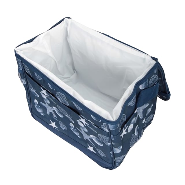 100% Polyester. Pockets: 2 Side Pockets, Mesh Pocket. Compartments: 1 Main Compartment. Design: Seashell, Starfish. Adjustable Strap. Capacity: 25L.