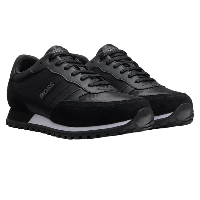 Boss Mens Parkour Leather Running Shoes (Black/White) Upper: Leather, Mesh, Nylon, Suede. Midsole: Cushioned. Outsole: Durable, EVA (Ethyl Vinyl Acetate), Rubber, Traction Grip. 6 Eyelets. Flexible, Lightweight, Padded Heel, Tonal Laces. Flat. Cut: Low. Design: Logo. Toe Style: Round. Fastening: Lace Up.
