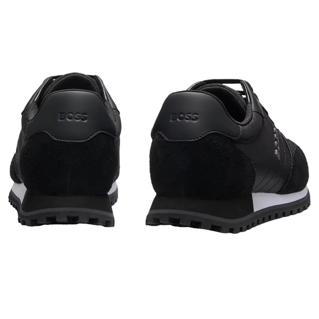 Boss Mens Parkour Leather Running Shoes (Black/White) Upper: Leather, Mesh, Nylon, Suede. Midsole: Cushioned. Outsole: Durable, EVA (Ethyl Vinyl Acetate), Rubber, Traction Grip. 6 Eyelets. Flexible, Lightweight, Padded Heel, Tonal Laces. Flat. Cut: Low. Design: Logo. Toe Style: Round. Fastening: Lace Up.