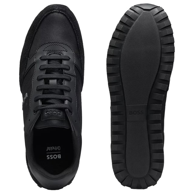 Boss Mens Parkour Leather Running Shoes (Black/White) Upper: Leather, Mesh, Nylon, Suede. Midsole: Cushioned. Outsole: Durable, EVA (Ethyl Vinyl Acetate), Rubber, Traction Grip. 6 Eyelets. Flexible, Lightweight, Padded Heel, Tonal Laces. Flat. Cut: Low. Design: Logo. Toe Style: Round. Fastening: Lace Up.