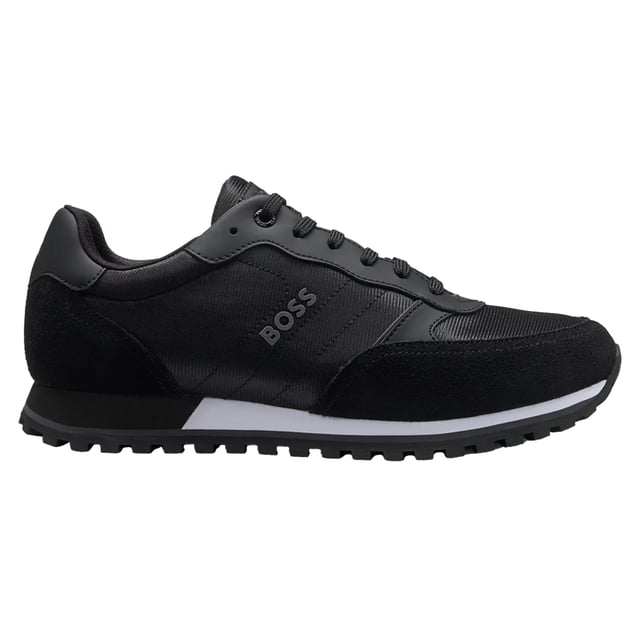 Boss Mens Parkour Leather Running Shoes (Black/White) Upper: Leather, Mesh, Nylon, Suede. Midsole: Cushioned. Outsole: Durable, EVA (Ethyl Vinyl Acetate), Rubber, Traction Grip. 6 Eyelets. Flexible, Lightweight, Padded Heel, Tonal Laces. Flat. Cut: Low. Design: Logo. Toe Style: Round. Fastening: Lace Up.