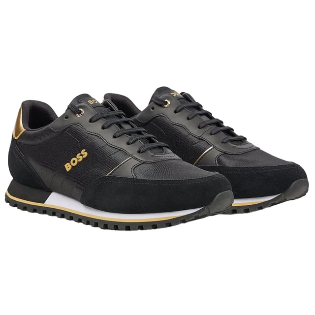 Boss - Herren Schuhe "Parkour", Leder (Schwarz) Marke: Boss. Obermaterial: Leder, Netzmaterial, Nylon, Wildleder. Mittelsohle: gepolstert. Laufsohle: langlebig, EVA (Ethyl-Vinylacetat), Gummi, Traktionsgriff. Ösen: 6. Flexibel, Leicht, Gefütterte Ferse, Tonale Schnürsenkel. Absatz: Flach. niedrig geschnitten. Design: Logo. Zehenstil: Rund. Zum Schnüren.