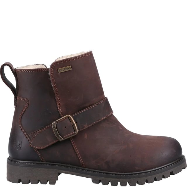 Upper: Leather. Lining: Shearling, Textile. Insole: Memory Foam. Outsole: TPR. Fabric Technology: Breathable, Hardwearing, Water Resistant, Waterproof Membrane. Cement Construction, Chunky Grip, Pull Tab, Taped Seams. Low Heel. Cut: Ankle. Design: Badge, Panel, Plain. Fastening: Adjustable Buckle, Inside Zip.