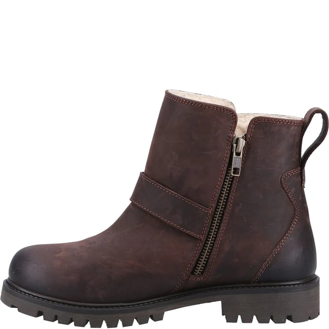 Upper: Leather. Lining: Shearling, Textile. Insole: Memory Foam. Outsole: TPR. Fabric Technology: Breathable, Hardwearing, Water Resistant, Waterproof Membrane. Cement Construction, Chunky Grip, Pull Tab, Taped Seams. Low Heel. Cut: Ankle. Design: Badge, Panel, Plain. Fastening: Adjustable Buckle, Inside Zip.