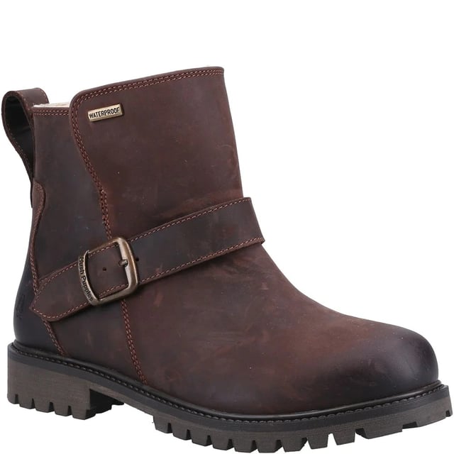 Upper: Leather. Lining: Shearling, Textile. Insole: Memory Foam. Outsole: TPR. Fabric Technology: Breathable, Hardwearing, Water Resistant, Waterproof Membrane. Cement Construction, Chunky Grip, Pull Tab, Taped Seams. Low Heel. Cut: Ankle. Design: Badge, Panel, Plain. Fastening: Adjustable Buckle, Inside Zip.
