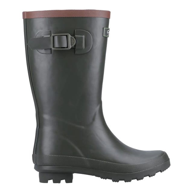 Upper: Rubber. Insole: Memory Foam. Outsole: Cleated. Buckle Detail. Block Heel. Cut: Mid Calf. Design: Contrast Trim, Logo. Toe Style: Round. Fastening: Slip-In.