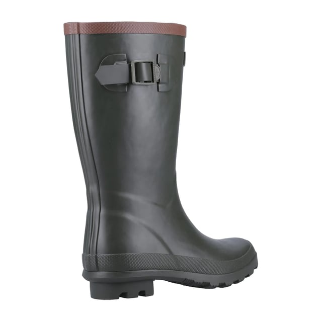 Upper: Rubber. Insole: Memory Foam. Outsole: Cleated. Buckle Detail. Block Heel. Cut: Mid Calf. Design: Contrast Trim, Logo. Toe Style: Round. Fastening: Slip-In.