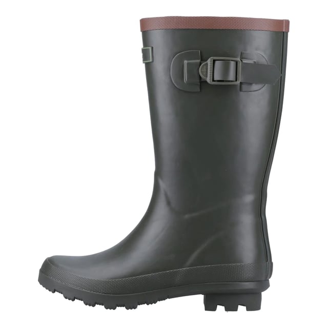 Upper: Rubber. Insole: Memory Foam. Outsole: Cleated. Buckle Detail. Block Heel. Cut: Mid Calf. Design: Contrast Trim, Logo. Toe Style: Round. Fastening: Slip-In.