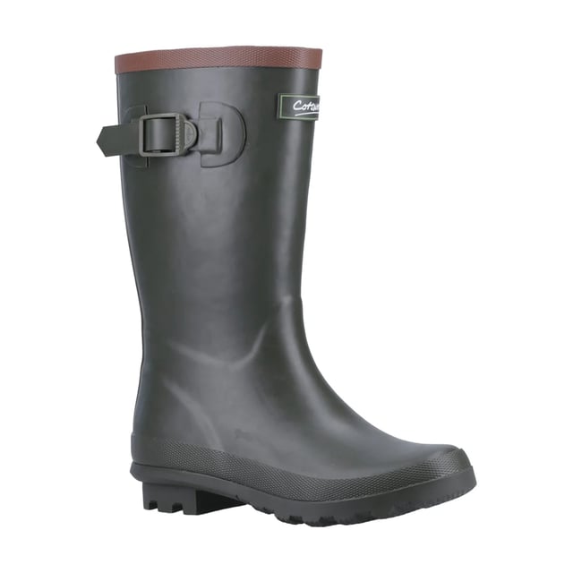 Upper: Rubber. Insole: Memory Foam. Outsole: Cleated. Buckle Detail. Block Heel. Cut: Mid Calf. Design: Contrast Trim, Logo. Toe Style: Round. Fastening: Slip-In.