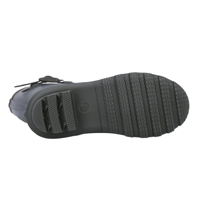 Upper: Rubber. Insole: Memory Foam. Outsole: Cleated. Buckle Detail. Block Heel. Cut: Mid Calf. Design: Contrast Trim, Logo. Toe Style: Round. Fastening: Slip-In.