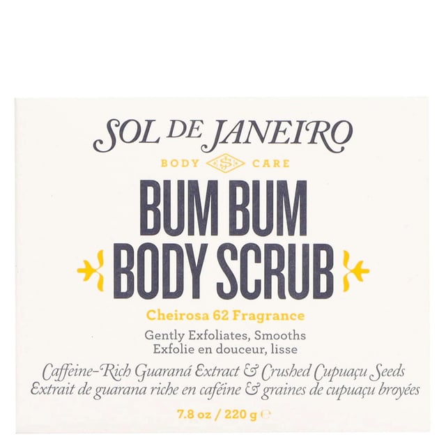Experience the ultimate indulgence with Sol de Janeiro Bum Bum Body Scrub, a luxurious 220g body care product. This ultra-fine scrub gently exfoliates and nourishes your skin, leaving it irresistibly smooth and summer-ready all year round. Enriched with Brazilian ingredients, including finely milled cupuaçu seeds, shimmering sugar crystals, and coconut oil, it revitalizes your skin while delivering a hint of shimmer. The iconic Cheirosa 62 fragrance adds a delightful scent, making your bathing experience special. Simply apply to wet skin, massage gently, and rinse for beautifully soft skin.