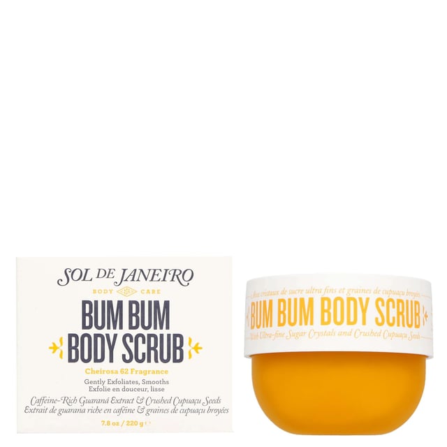Experience the ultimate indulgence with Sol de Janeiro Bum Bum Body Scrub, a luxurious 220g body care product. This ultra-fine scrub gently exfoliates and nourishes your skin, leaving it irresistibly smooth and summer-ready all year round. Enriched with Brazilian ingredients, including finely milled cupuaçu seeds, shimmering sugar crystals, and coconut oil, it revitalizes your skin while delivering a hint of shimmer. The iconic Cheirosa 62 fragrance adds a delightful scent, making your bathing experience special. Simply apply to wet skin, massage gently, and rinse for beautifully soft skin.