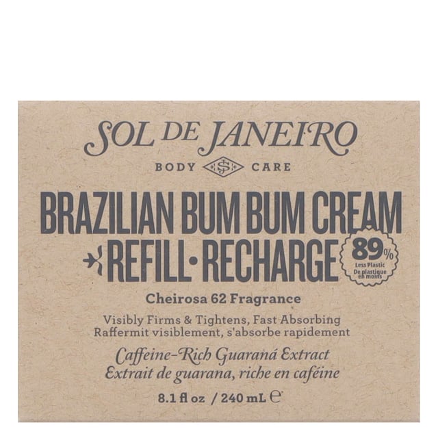 Revitalize your skin with Sol de Janeiro's Brazilian Bum Bum Cream Refill, specially formulated to enhance your curves. This luxurious cream features fast-absorbing cupuaçu butter for deep hydration, essential fatty acids for a silky smooth finish, and powerful antioxidants from guaraná extract and açaí oil that protect against environmental stressors. Enriched with Brazil nut oil for added nourishment, this cream leaves your skin glowing and radiant. Experience the irresistible Cheirosa '62 fragrance, a delicious blend of pistachio, salted caramel, and vanilla. Ideal for all skin types, this vegan, cruelty-free, gluten-free, and paraben-free cream is perfect for use on the bum, legs, tummy, arms, and more. Pamper yourself with the ultimate body care solution!