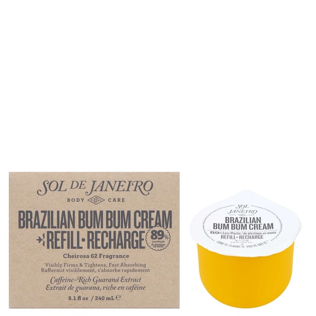 Revitalize your skin with Sol de Janeiro's Brazilian Bum Bum Cream Refill, specially formulated to enhance your curves. This luxurious cream features fast-absorbing cupuaçu butter for deep hydration, essential fatty acids for a silky smooth finish, and powerful antioxidants from guaraná extract and açaí oil that protect against environmental stressors. Enriched with Brazil nut oil for added nourishment, this cream leaves your skin glowing and radiant. Experience the irresistible Cheirosa '62 fragrance, a delicious blend of pistachio, salted caramel, and vanilla. Ideal for all skin types, this vegan, cruelty-free, gluten-free, and paraben-free cream is perfect for use on the bum, legs, tummy, arms, and more. Pamper yourself with the ultimate body care solution!