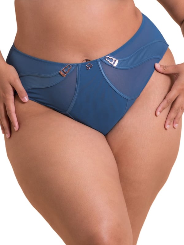 Curvy Kate Scantilly Suspense High Waist Brief. High rise brief with sheer mesh fabric, contouring satin panels, back keyhole detail and rose gold hardware. This product is recommended as hand wash only.